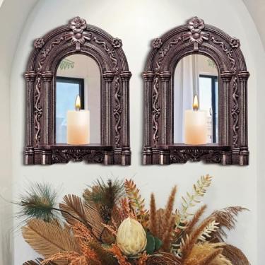 Imagem de sxnzequnze Conjunto de arandelas tridimensionais de alívio, 2 castiçais rústicos para pendurar na parede, decoração de parede de madeira, arte de parede espelhada, esculpida à mão, decoração de casa