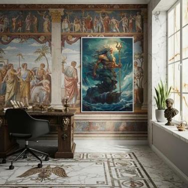 Imagem de Quadro Poseidon Senhor Dos Mares Terremotos Cavalos -70X50Cm - Quadros