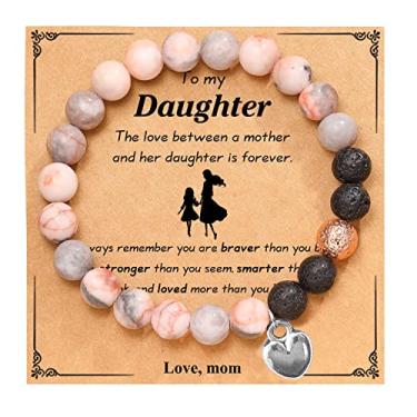 Imagem de Pulseira To My Daughter da Mom Healing Pulseira de pedras naturais com contas de coração, presente de aniversário para filha, mãe, irmã, neta, presentes de Natal, presentes de amizade para mulheres