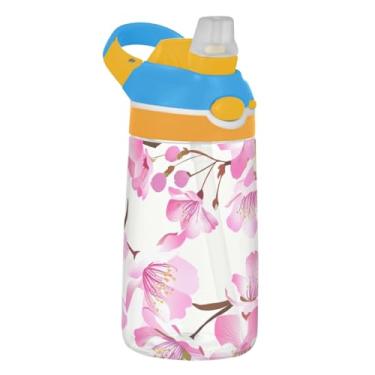 Imagem de Garrafa de água branca floral rosa flores de cerejeira infantil 473 ml Tritan garrafa de água esportiva portátil com tampa de canudo 473 ml copos de viagem reutilizáveis para crianças à prova de
