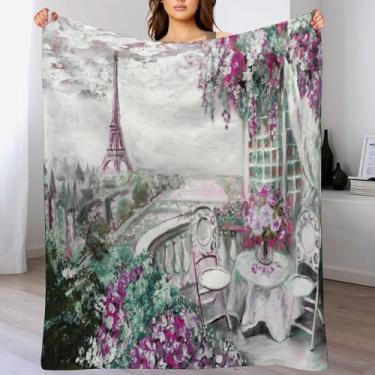 Imagem de Manta Torre Eiffel de Paris, pintura a óleo, flores roxas, padrão de cidade, macio, leve, quente, cobertor de pelúcia para sofá quarto 76 cm x 101 cm