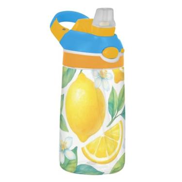 Imagem de Garrafa de água infantil floral branca com canudo 473 ml Tritan 473 ml Garrafa de água de plástico reutilizável à prova de vazamento para crianças, portátil, alça de transporte