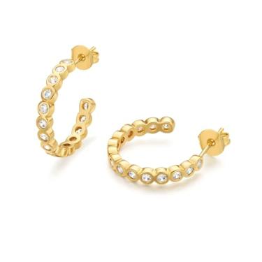 Imagem de FRUMOS Brincos femininos de prata esterlina 925 banhados a ouro 18 quilates com argola hipoalergênica pequena zircônia cúbica, Medium, Metal, Zircônia cúbica