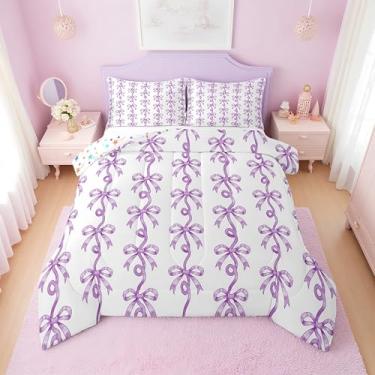 Imagem de Erosebridal Conjunto de cama casal com gravata borboleta roxa | Conjunto de edredom fofo com laço coquete para meninas e crianças, colcha listrada com fita roxa, laço estético, decoração de quarto, 2