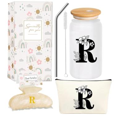 Imagem de 4MELLY Copo de vidro com inicial monograma, presentes personalizados para mulheres, copos de vidro de 473 ml, canudos, aniversário, Natal, Dia das Mães, presente para ela