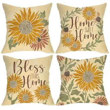 Imagem de Fjfz Capas de almofada decorativas primavera verão girassol 45 x 45 conjunto de 4, grinalda floral amarela abençoe esta casa doce casa varanda decoração ao ar livre, vintage outono fazenda sofá sofá