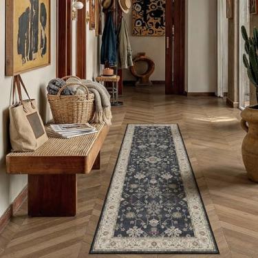 Imagem de PureCozy Tapete de corredor, 5 x 15 cm, lavável, vintage, preto, corredor, antiderrapante, cozinha, pequeno, longo, baixo, fino, acento para quarto, tapete resistente a manchas, lavanderia, sala de