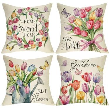 Imagem de Fjfz Capas de almofada decorativas de flores de tulipa de primavera 45 x 45 conjunto de 4, grinalda floral em aquarela para casa doce decoração de casa, regador de verão apenas florescer borboleta