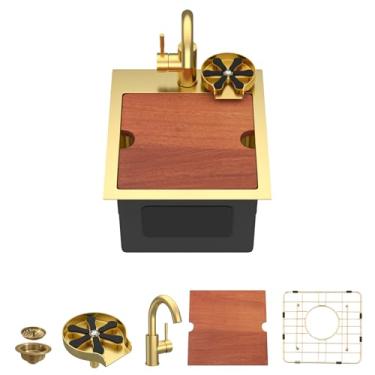 Imagem de Dcolora Pia de barra dourada com torneira, 33 cm x 38 cm, pia de cozinha pequena, calibre 16, aço inoxidável 304, luxo, ouro, nano-PVD, estação de trabalho com acessórios valiosos #DC-T2533008BF