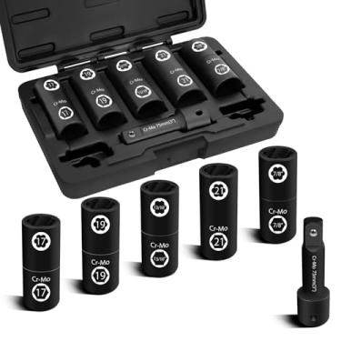Imagem de JEUCLEL 6 peças 1/5.1 cm Drive Metric & Sae padrão hexagonais e porcas danificadas, 17 mm, 19 mm, 21 mm, 13/40.6 cm, 7/20.3 cm soquetes com extensão de 7 cm, porca de travamento enferrujada