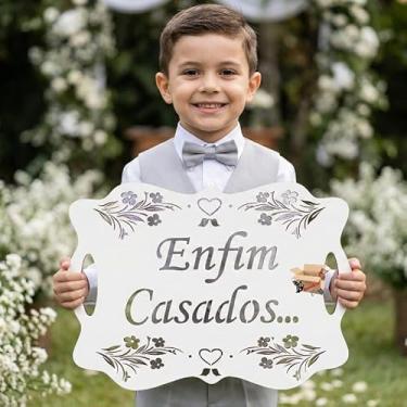 Imagem de Plaquinha Placa Casamento Lá Vem A Noiva MDF Personalizada Frases Entrada Noiva Pajem Daminha (Lá vem a noiva, MDF Cru) (Enfim Casados !!!, Branco)