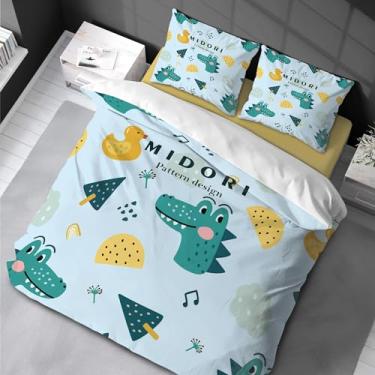 Imagem de Conjunto de capa de edredom de dinossauro de desenho animado para crianças, solteiros, meninos, crianças, macio, respirável, com fronha para todas as estações 155 x 220 cm -50 x 75 cm*2