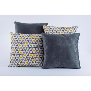 Imagem de Kit 4 Almofadas Decorativas Mosaico Cheias 42x42 em Suede e Jacquard com Zíper para Sofá Sala(Cinza com Amarelo)