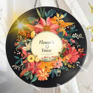 Imagem de Acrílico colorido Suncatcher, decoração de janela suspensa de flores com design de vitral impresso, apanhador de sol, arte de parede de arco-íris, ornamentos de Natal para uso interno e externo 19,8 x