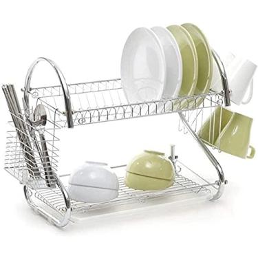 Imagem de Escorredor de pratos duplo de cozinha em forma de S suporte de copo doméstico rack de armazenamento rack de drenagem (cor: prata) (cor: branco) organizador de balcão (cor: branco) (cor: branco) (prata