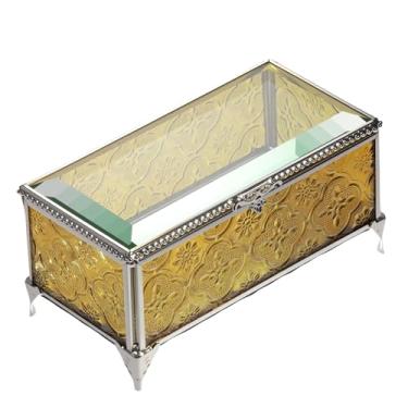 Imagem de DHCGPP Caixa de joias de vidro retangular vintage com tampa articulada, anel de joias, pulseira, caixa de exibição de metal de lembrança, caixa de armazenamento transparente. (16,5 x 8,5 x 8,5 cm)