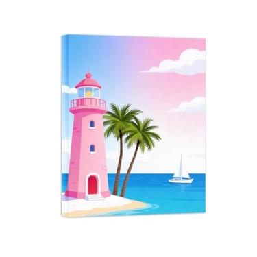 Imagem de Pôster paisagem - Mar Farol Rosa - Impressões em Tela - Imagem Moderna Natureza para Sala de Estar Decoração 80x105cm Tela Embrulhada