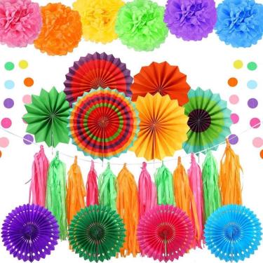Imagem de Kit de balões colorido, 34 unidades com flores de papel, borlas de bandeira