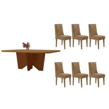 Imagem de Sala Jantar Mesa Nevada Tampo Curvo 180cm+6 Cadeiras Pietá Madeira Naturale - Capuccino/Linho Bege - Rufato