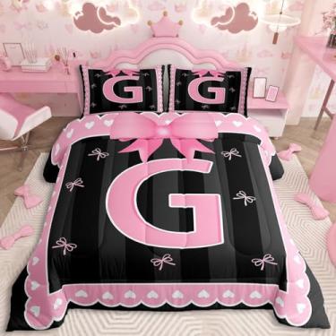 Imagem de jejeloiu Conjunto de edredom com laço rosa, solteiro, para meninas, com laço e coquete, presente para mulheres, adolescentes, letra G, edredom personalizado, colcha de borboleta, nó de princesa, letra