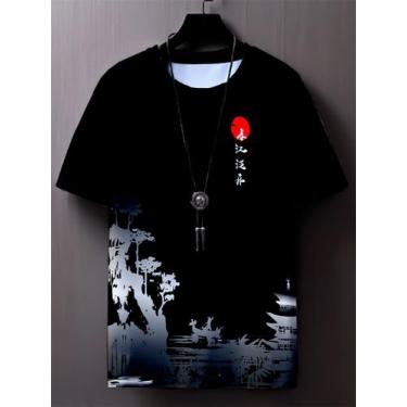 Imagem de Camiseta Oriental Masculino Japão Por Do Sol Premium - Fábrica, Preto,