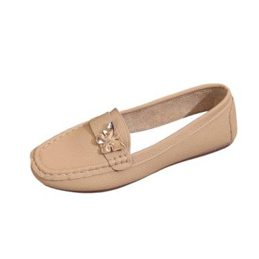 Imagem de Sapato feminino casual versátil bico redondo salto baixo confortável com enfeites plus size primavera verão moderno mocassins de sola macia PU, Caqui, 34