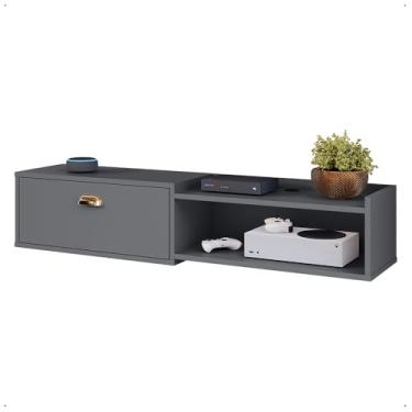 Imagem de Rack Home Suspenso 1.20 Estante TV 42" Bancada México 1 Porta Puxador Concha Nicho Decoração Sala Quarto Cinza – Lojas RPM