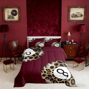 Imagem de Conjunto de edredom infantil moderno, leopardo, tamanho casal, vintage, guepardo, decoração de quarto de meninas e meninos, edredom moderno com 8 bolas da sorte, conjunto de edredom vermelho e marrom