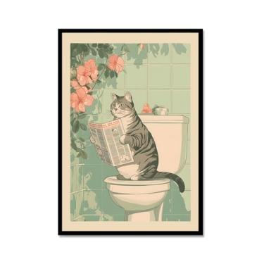 Imagem de Tela de arte de parede de banheiro japonês com gatos lidos jornal pôster de flores abstratas impressões de animais engraçados pintura zen minimalista decoração de banheiro spa para casa de banho