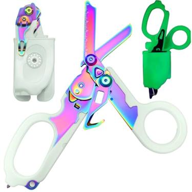 Imagem de LEEPENK Tesoura de trauma multifuncional 6 em 1 com cortador de alça e disjuntor de vidro, com coldre luminoso para acampamento ao ar livre ferramenta de emergência (colorido luminoso)