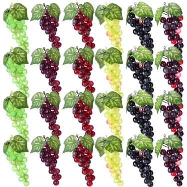 Imagem de Wavyknot 24 peças de uvas artificiais de borracha de uva artificial com folhas de videira, ornamento de frutas artificiais realistas para casamento, decoração ao ar livre, jardim, casa, 6 cores