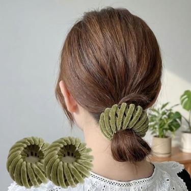 Imagem de Conjunto de 2 peças de elástico de veludo luxuoso, laços de cabelo com nervuras macias para o trabalho, ioga, sono e viagens, acessórios de rabo de cavalo sem costura para mulheres (verde)