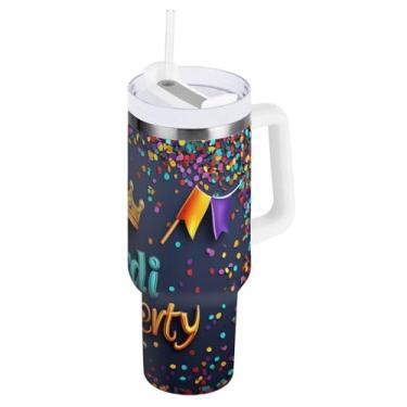Imagem de Blueangle Copo isolado com coroa de carnaval de 1,134 g com alça e tampa de palha, caneca de viagem reutilizável de aço inoxidável (248)
