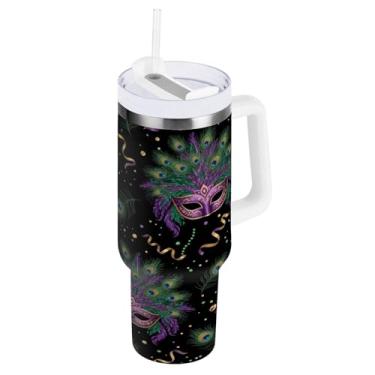 Imagem de Blueangle Copo isolado de penas de pavão Mardi Gras 1,134 g com alça e tampa de palha, caneca de viagem reutilizável de aço inoxidável (785)
