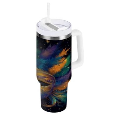 Imagem de Blueangle Copo isolado de máscara colorida de carnaval de 850 g com alça e tampa de palha, caneca de viagem reutilizável de aço inoxidável (165)