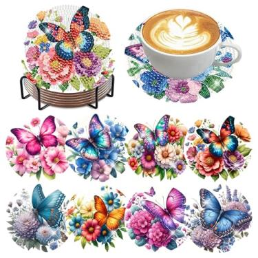Imagem de Xylogist 8 peças de porta-copos de pintura de arte de diamante de borboleta para adultos com suporte, kit de porta-copos de arte de diamante DIY para adultos iniciantes, almofada de madeira