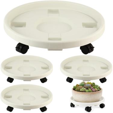 Imagem de Pacote com 4 43,9 cm Extragrande Organizador de Plantas com Rodas Carrinho de Plástico com Travamento Rodízio Vaso de Flores Rolos com Rodas Suportes de Planta Rodada Pires para Plantas Interiores e