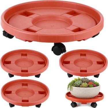 Imagem de Pacote com 4 43,9 cm Organizador de plantas extra grande com rodas Carrinho de plantas de plástico com rodízios para vasos de flores Rolos com rodas Suporte redondo para plantas pires de plantas para
