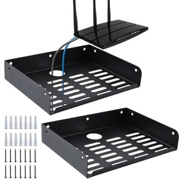 Imagem de Patioer Prateleira flutuante de metal 23 cm x 17,5 cm moderna prateleira de parede para componentes de TV, roteador, console de jogos, leitor de DVD (pacote com 2)