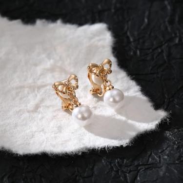 Imagem de Brincos femininos com clipe de ouro, banhado a ouro 14 K, zircônia cúbica, pérola, clipe de flor, brincos falsos, joias, standard, Liga de aço, Sem pedra preciosa