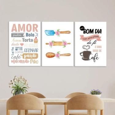 Imagem de Kit 3 Quadros Cozinha Bom Dia Café 24X18Cm Moldura Branca