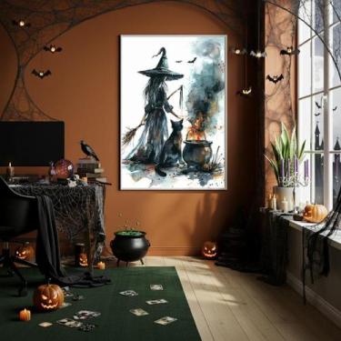 Imagem de Quadro Decorativo Desenho Bruxa E Gato Preto- 70X50Cm - Quadros On-Lin