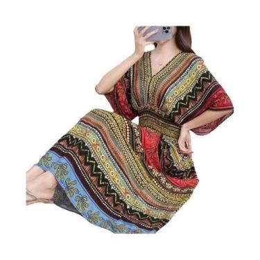 Imagem de Vestido Midi Vintage Boêmio Floral Para Mulheres Com Decote Em V E Cin