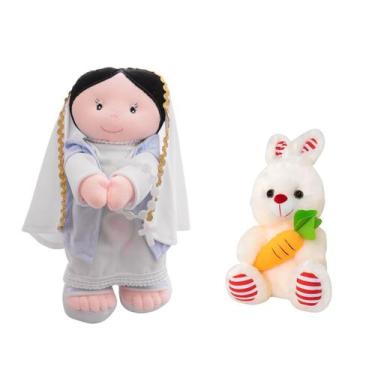 Imagem de Kit Boneco Jesus de Pano Antialérgico Religioso + Coelho de Pelúcia Br