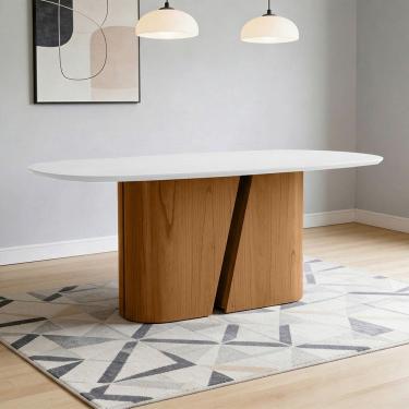 Imagem de Mesa de Jantar 8 Lugares Retangular Orgânico Com Vidro 200cm Salieri N01 Cinamomo Off W...