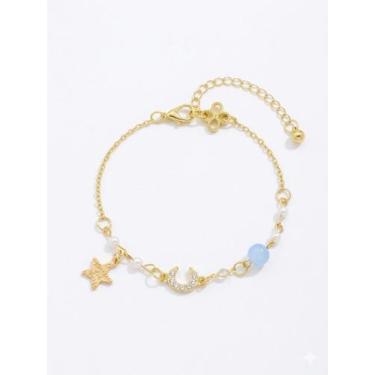 Imagem de Pulseira Feminina Estrela Lua Delicada Banhada a Ouro 18k cor:azul - M