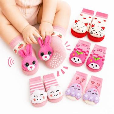 Imagem de Kit 4 Pares Meia Bebê Antiderrapante 3D com Chocalho Menina - HR, Rosa