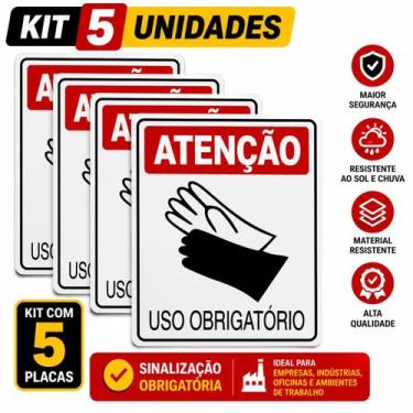 Imagem de KIT 5 Placa OBRIGATORIO USO LUVAS EPI CONSTRUÇÃO INDUSTRIA - ASELETRO