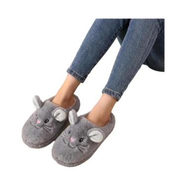 Imagem de Pantufas De Pelúcia De Coelho Cinza Para Mulheres, Confortáveis, Antid
