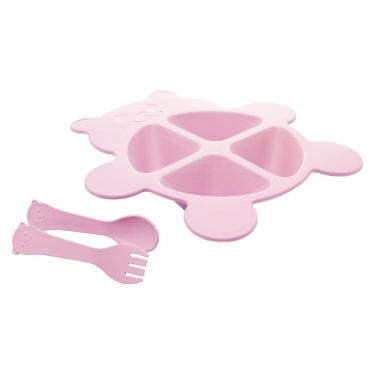 Imagem de Prato com 2 Talheres Lyor Baby Bear de Bambu e PP Rosa.